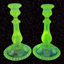 Antique Clear Glass Candle Stick Holder Set 2 Beaded Glass Manganese 365nm GREEN picture