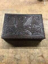 Vintage Chinese Hardwood Box With Key 2 Peacock Carved Designs 13.75”x9.5”x4.25” picture