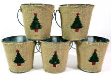 IQ Accessories Christmas Metal Tin Pail W/Burlap and Christmas Tree Set of 5 NWT picture