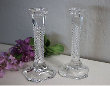 Vintage Pair Crystal Candle Holders Crisscross Pattern picture