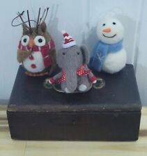 Set of 3 Nostalgic Christmas Ornaments Felt Tree Decor Snowman Mouse & Owl Lover picture