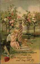 Valentine Fantasy Cupid With Urn Embossed c1910 Vintage Postcard picture
