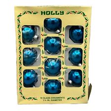 10 Vintage Holly Decorations Blue Glass Christmas Ornaments 1-3/4