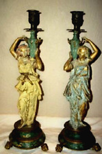 1890s ART NOUVEAU FRENCH BRONZE CANDLE HOLDERS LADIES URNS CHIPPY GILT OLD PAINT picture