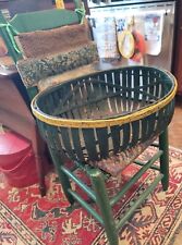 Antique Basket Handmade Orig Green & Yellow Paint RARE Staved Wood Bottom LARGE  picture