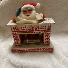 Vintage Rubber Face/Felt Santa Fireplace Scene Christmas Decoration Japan M7 picture