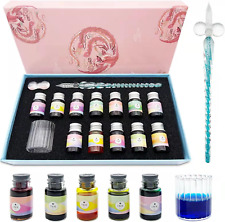 Calligraphy Dip Pen Set - 12 Colorful Inks, Glass Pen Holder, Glass, Crystal Pen picture