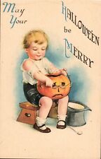 Postcard Halloween Ellen Clapsaddle Wolf 21 Girl Puts Glasses On Pumpkin C-1910 picture