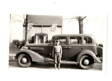 Vintage Photograph Boy Next to 1934 Oldsmobile? House Tree Black & White Car picture