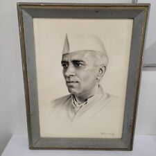 Jawaharlal Nehru Portrait In Pencil Original Bombay Frame Signed Kumar  15x21 in picture