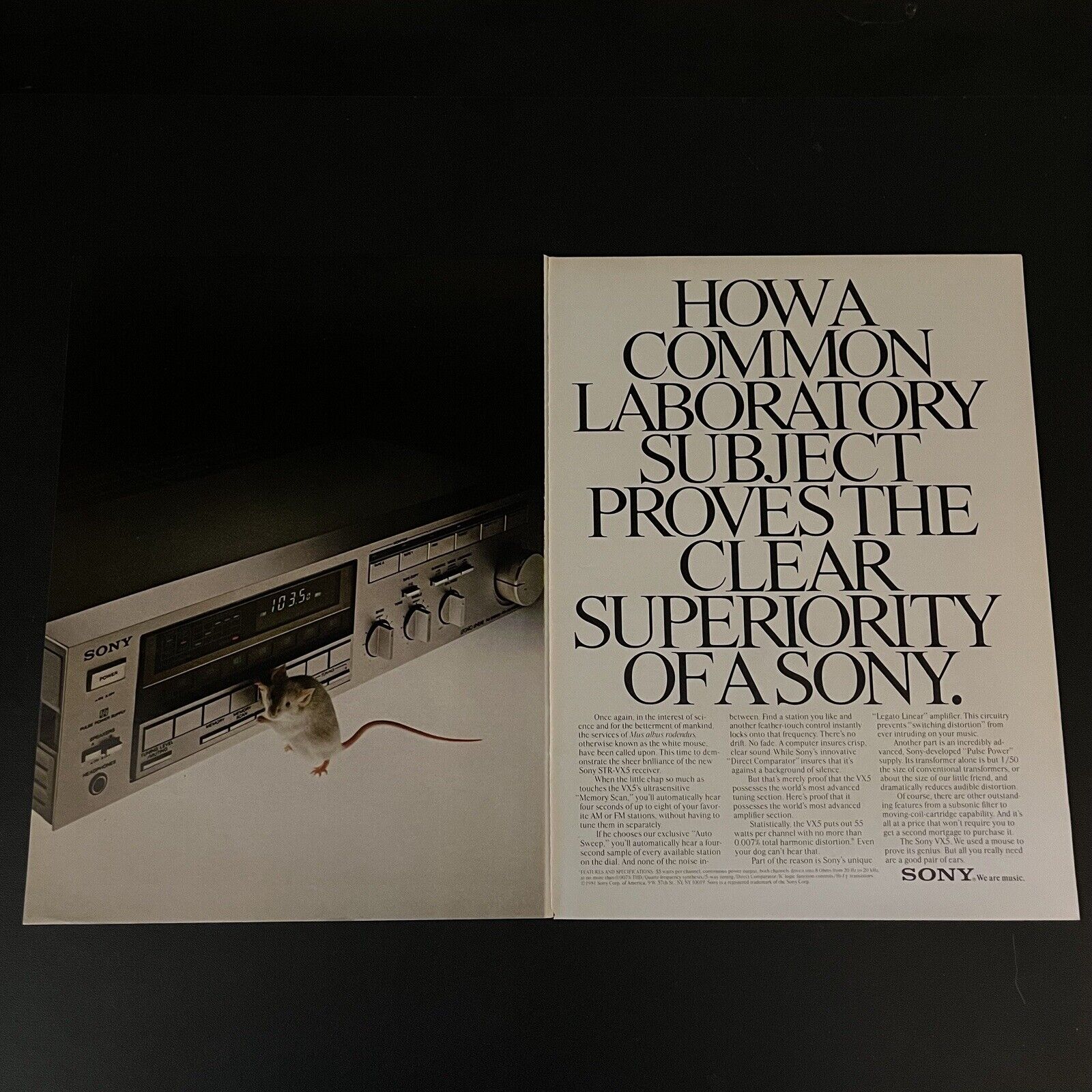 1981 Sony STR-VX5 Receiver Print Ad Original Lab Rat Laboratory Subject 2 Page