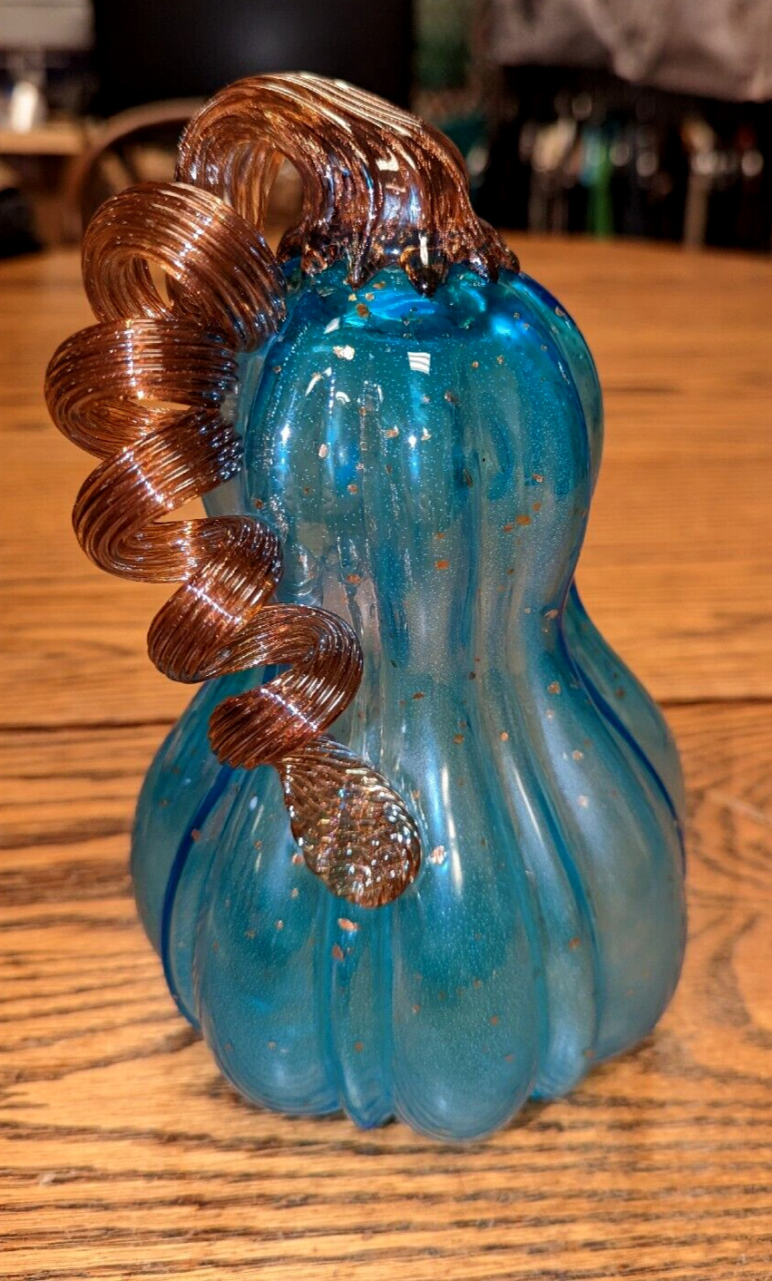 Glitzhome 9in Blue Art Glass Pumpkin Metallic Stem Accent Fairy Fall Decor Goard