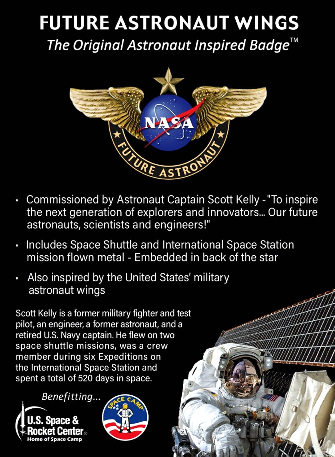 FUTURE ASTRONAUT WINGS -FLOWN METAL-NASA-SCOTT KELLEY SHUTTLE ISS Bronze PIN