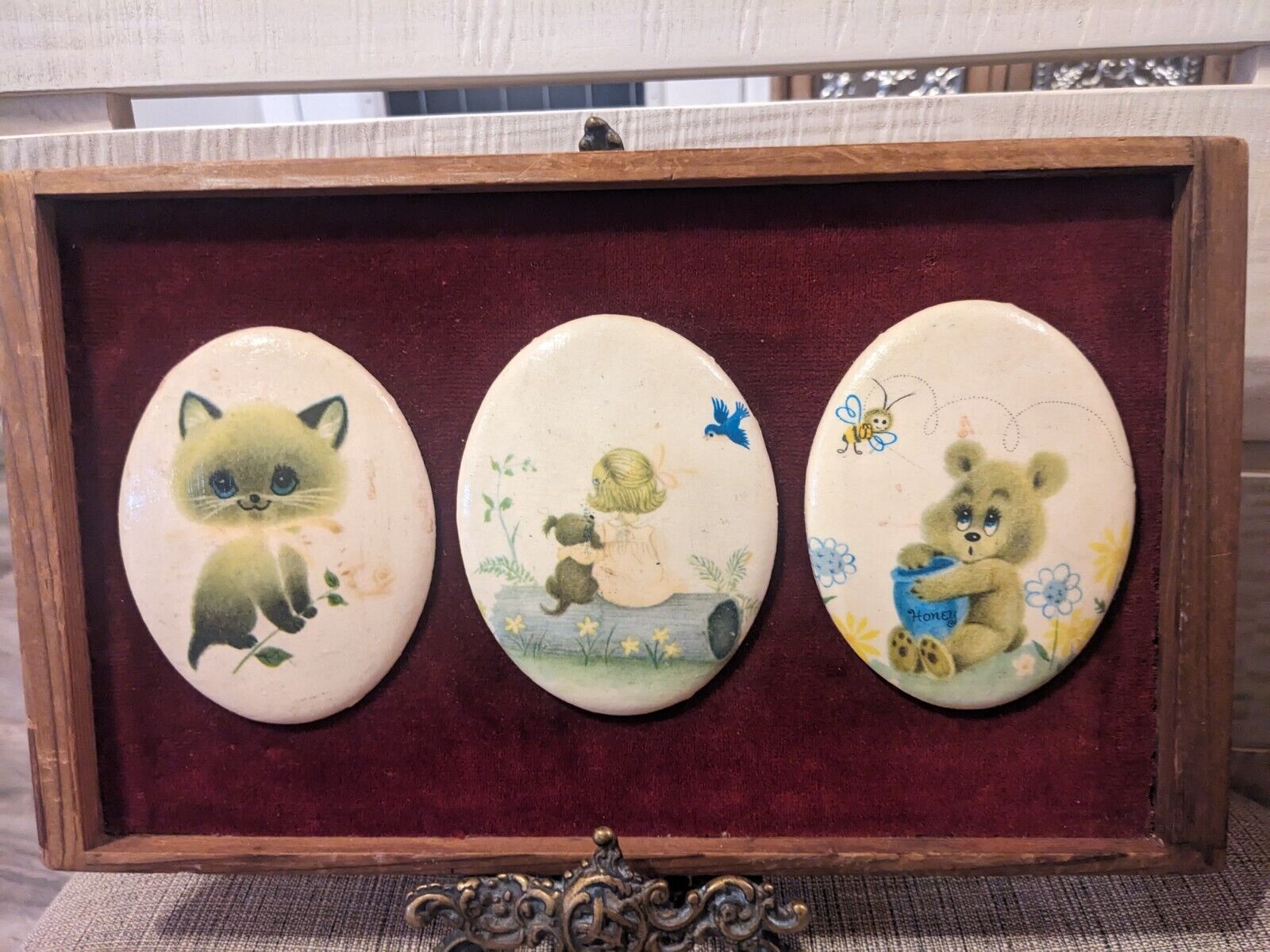 Vintage Adorable Redwood Framed Plaque With 3 Kitchy Children Oval Decopage 8x13