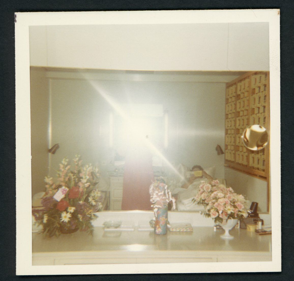 Mystery Figure Mirror Selfie Flash Glare Photo Snapshot 1960s Abstract Flowers