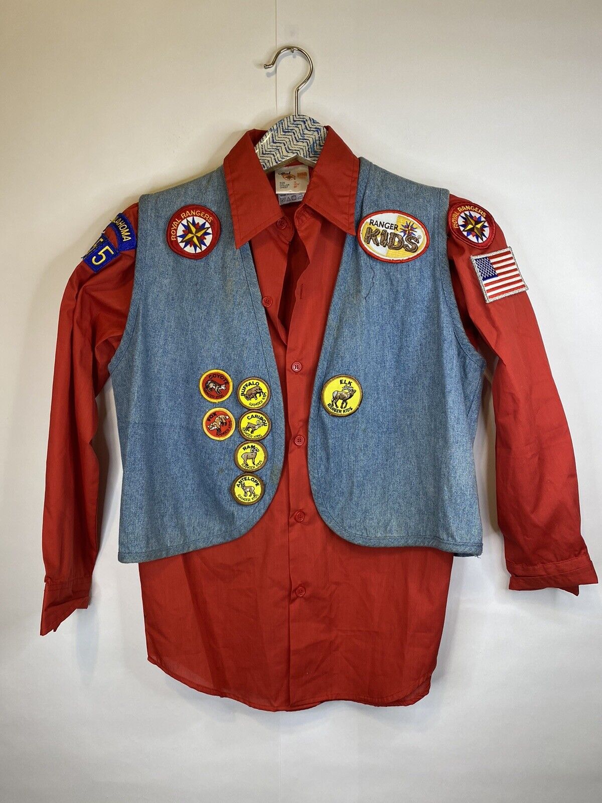 Kids Size 12 Royal Rangers Red Shirt + Denim Vest Patches Boy Scouts VTG Rare