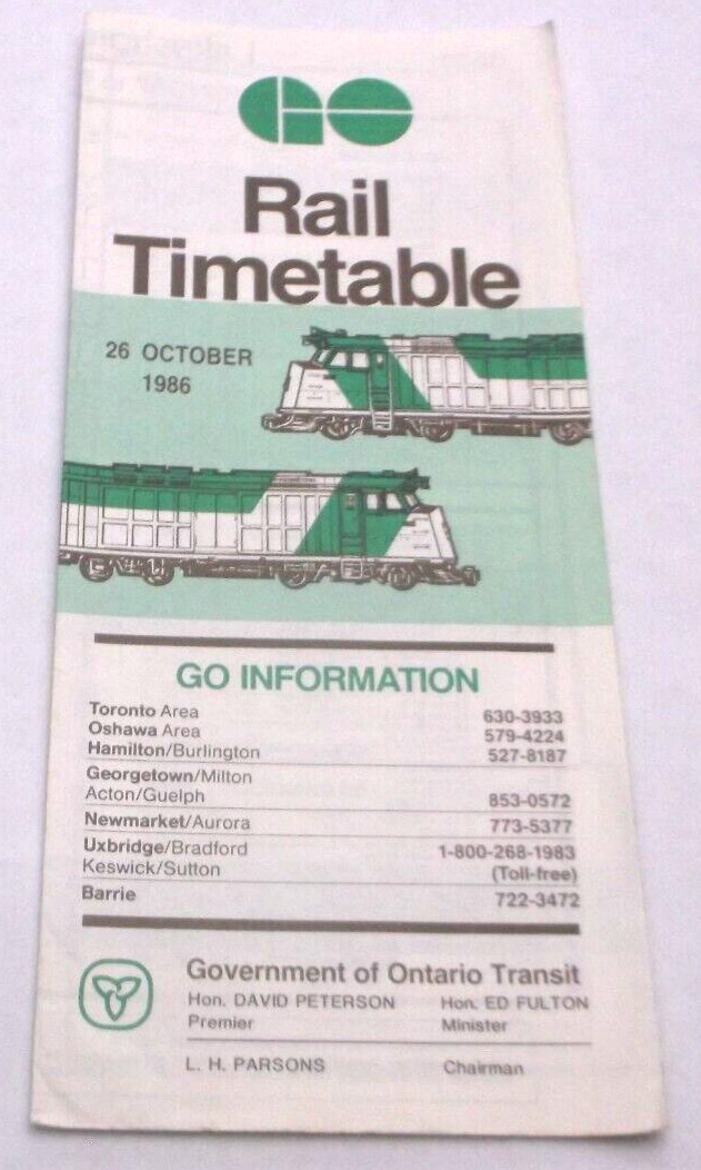 OCTOBER 1986 GO TRANSIT GO RAIL PUBLIC TIMETABLE