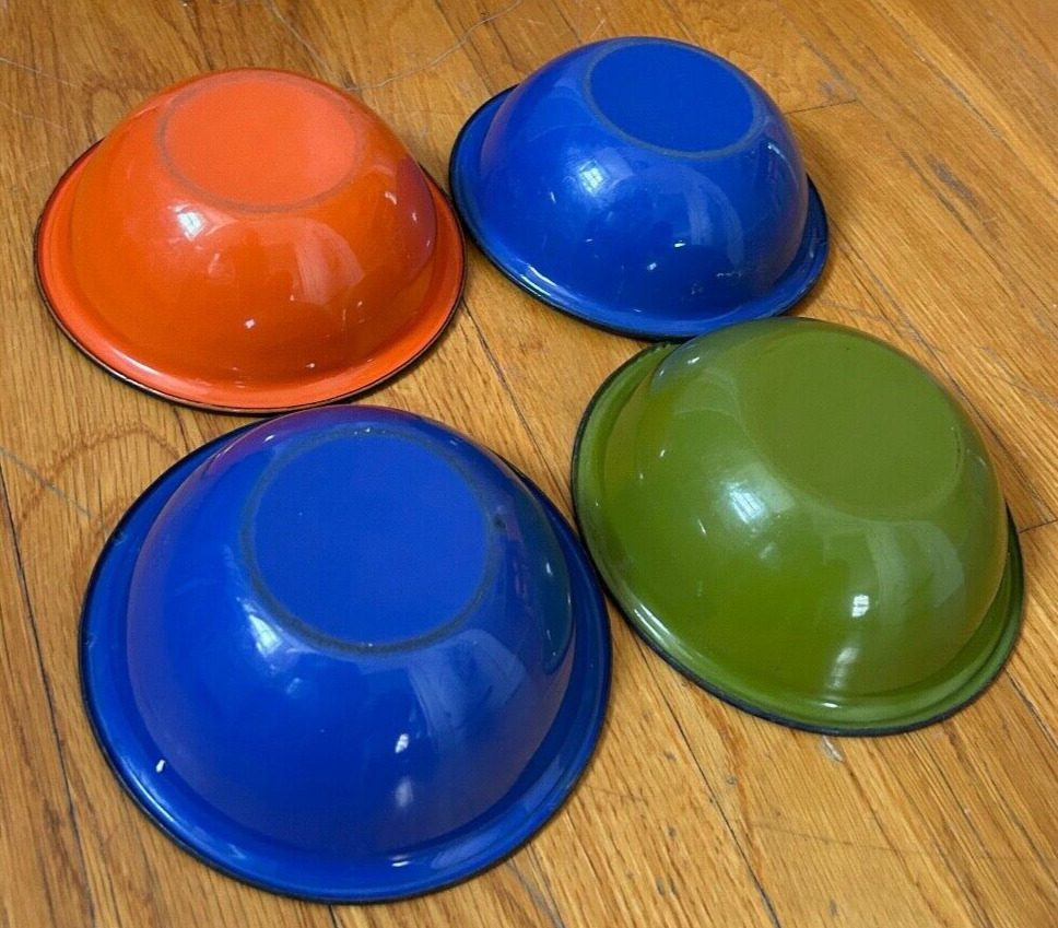 vtg enamel ware bowl LOT orange nesting mcm dish retro blue green black antique