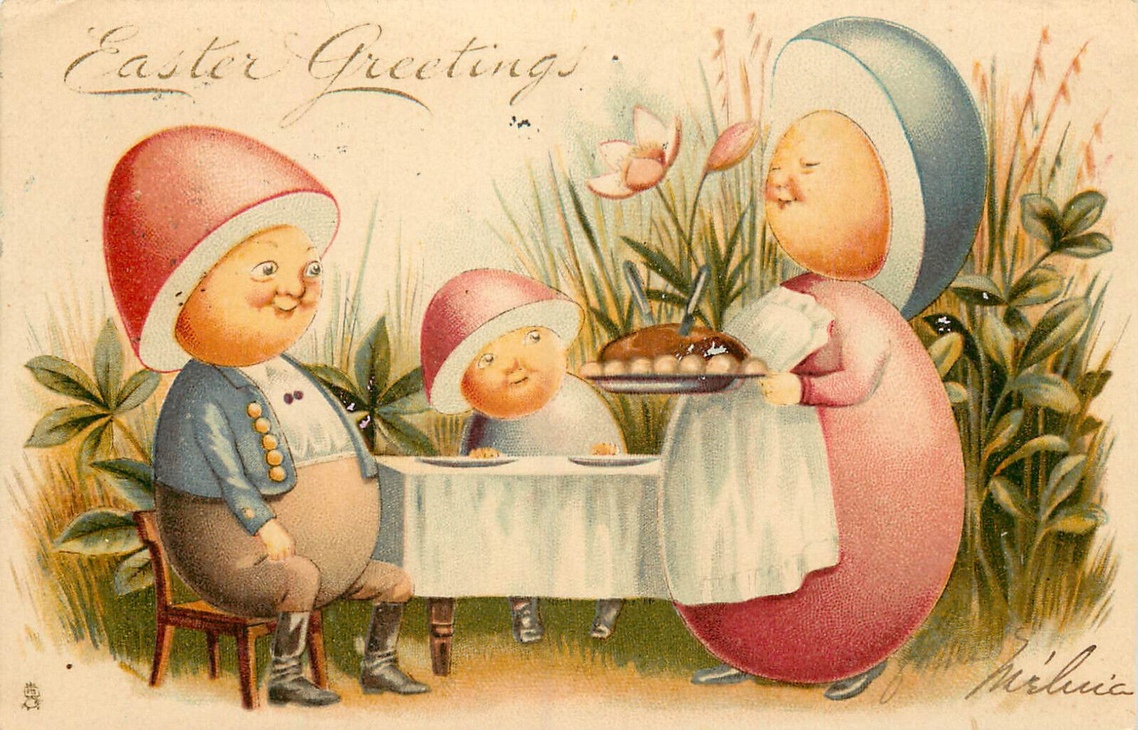 Tuck Easter Postcard 523 Hard Boiled Egg People, Family at Supper Table