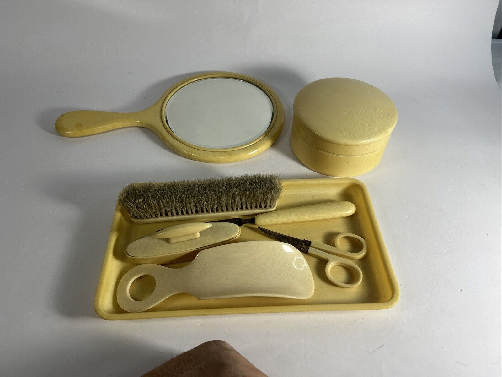 7 Piece, Bakelite Vintage French Ivory Hand Vanity Mirror Grooming Kit