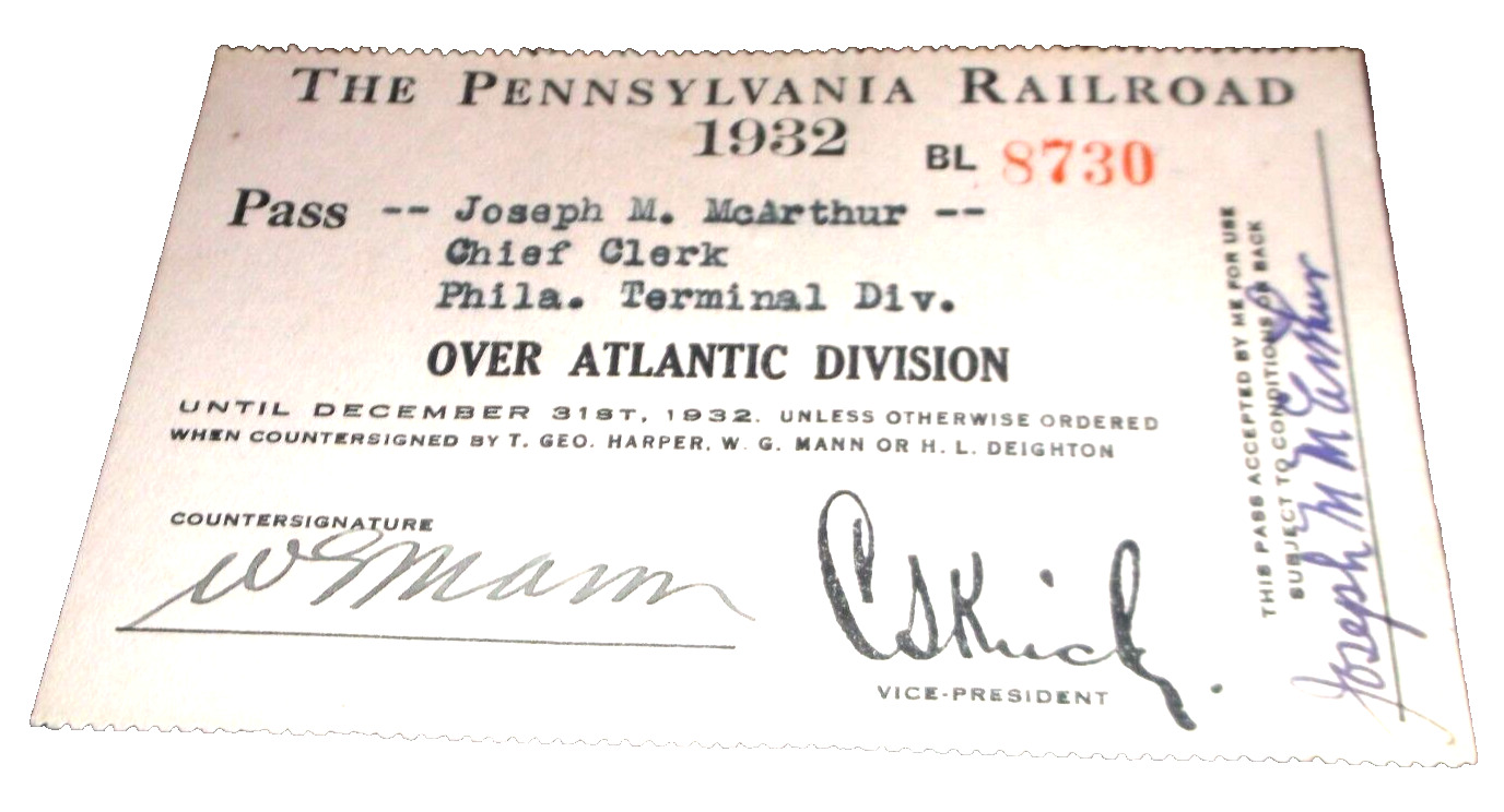 1932 PENNSYLVANIA RAILROAD PRR EMPLOYEE ATLANTIC DIVISION PASS #8730