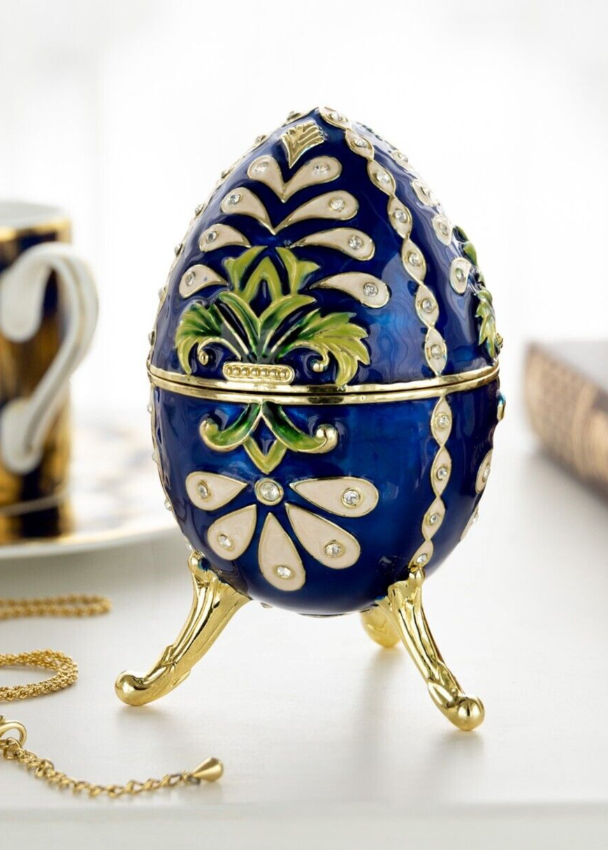 Keren Kopal Blue Faberge music Egg Trinket Box Handmade with Austrian  Crystals