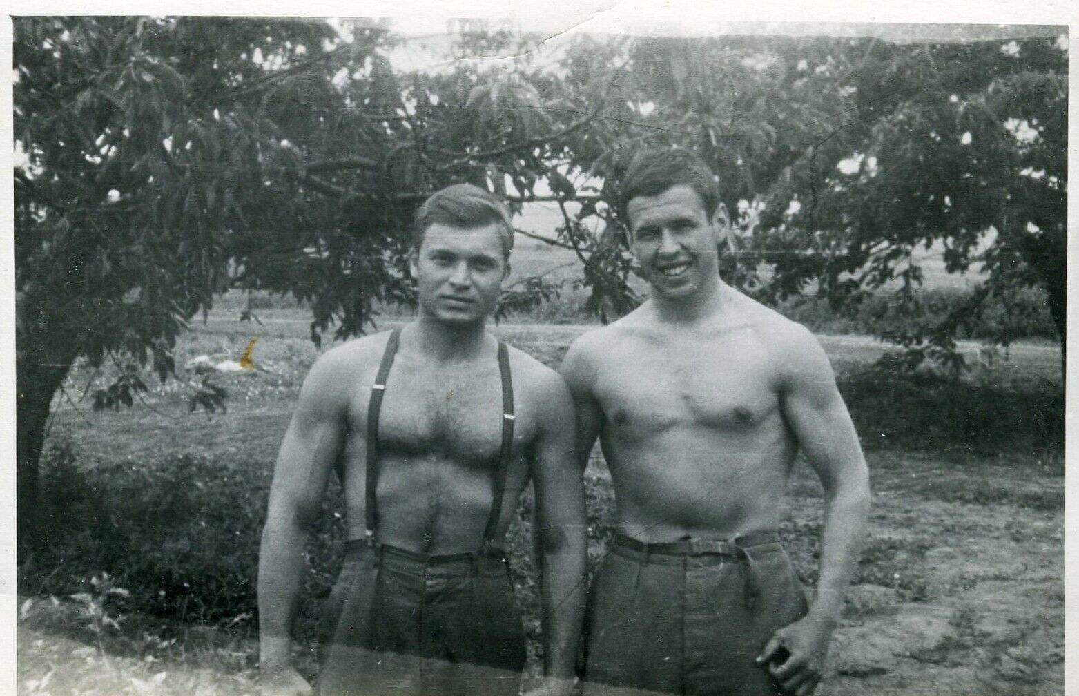 Shirtless Handsome young men hairy chest bulge beach trunks gay vtg photo