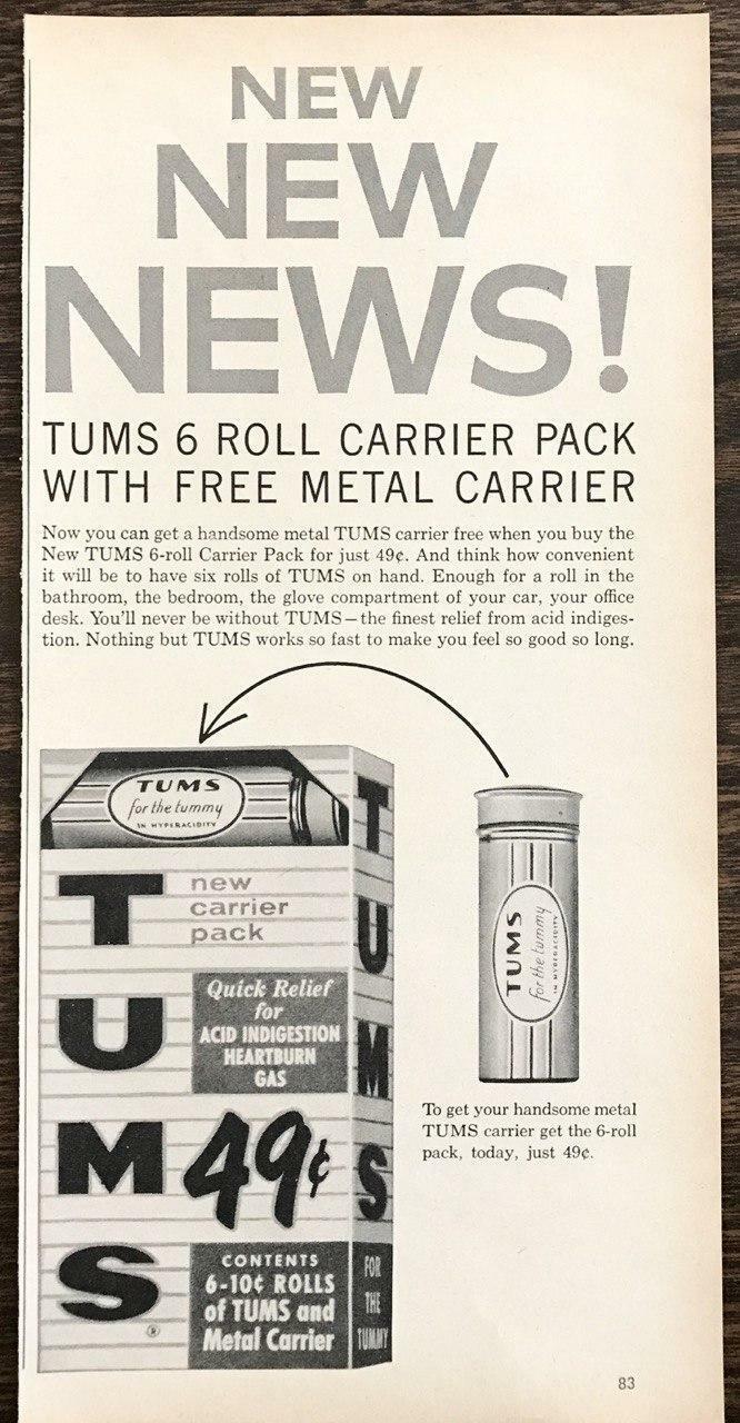 1958 Tums PRINT AD New 6-Roll Pack with Handsome Metal Carrier