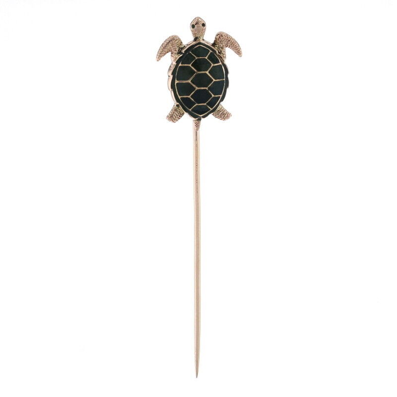 Yellow Gold Vintage Sea Turtle Stickpin - 14k Ocean Life Reptile Green Enamel