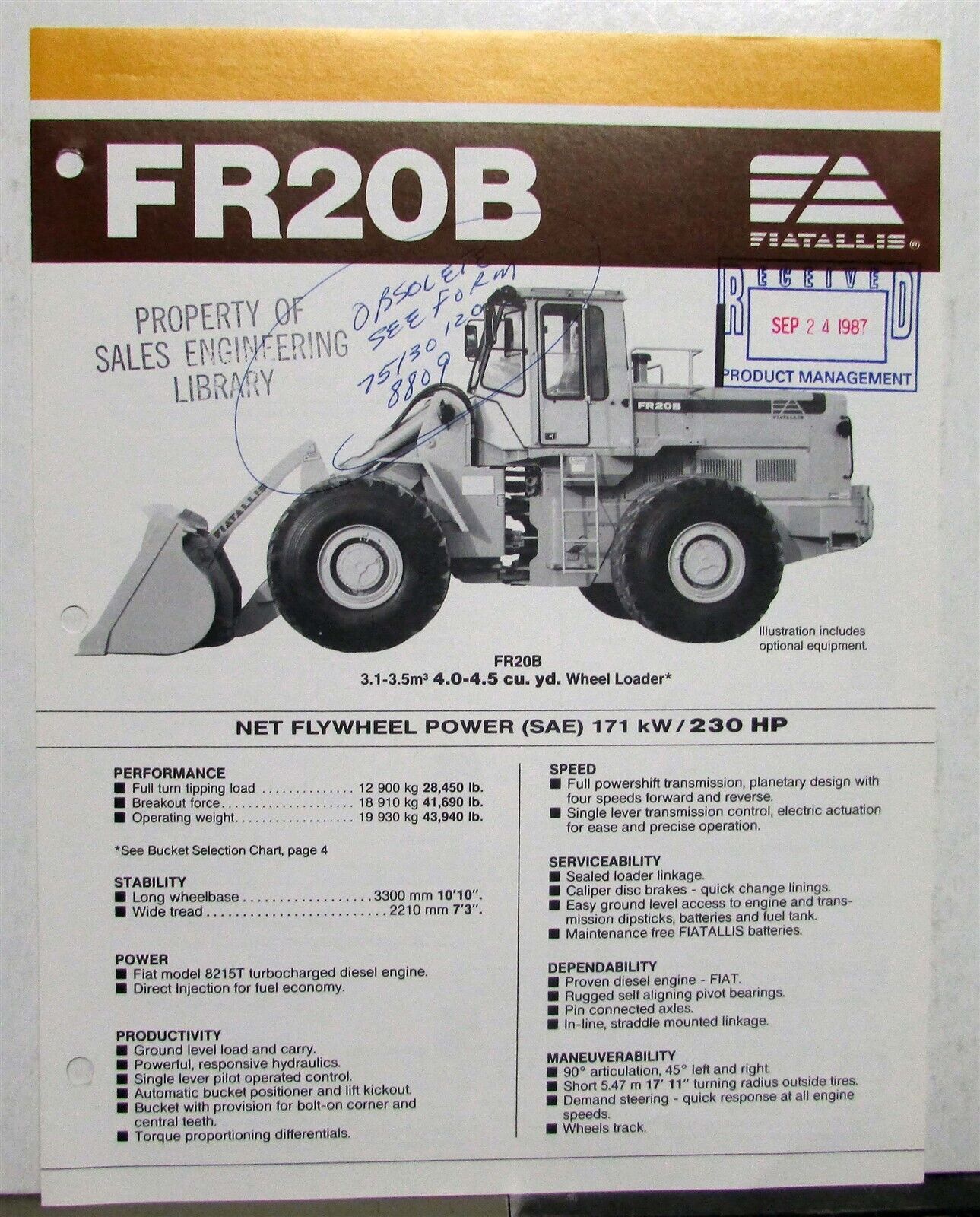 1987 Fiat Allis FR20B Wheel Loader Specification Construction Sales Folder