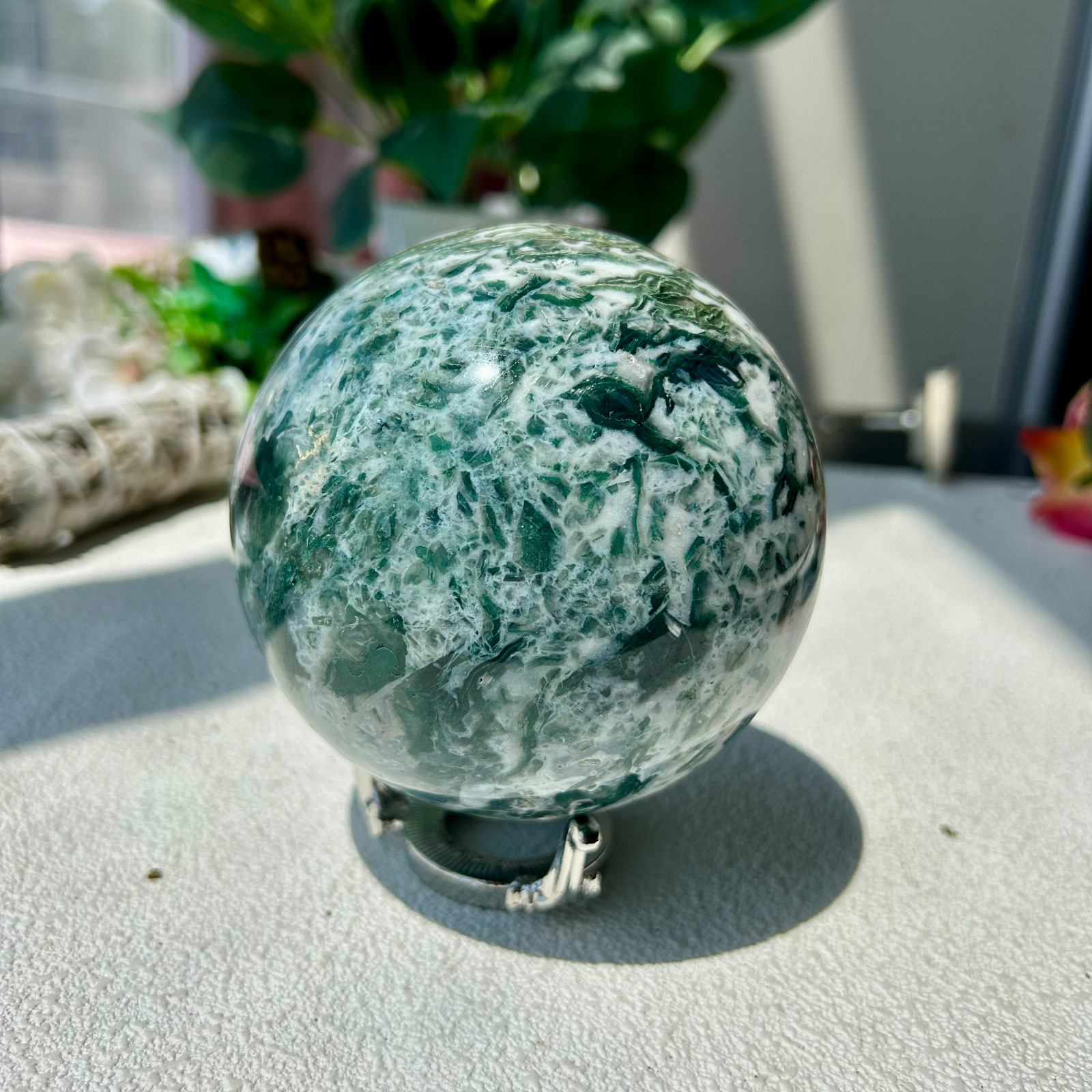 1210g Natural Moss Agate Quartz Sphere Crystal Energy Ball Healing 94mm 19th