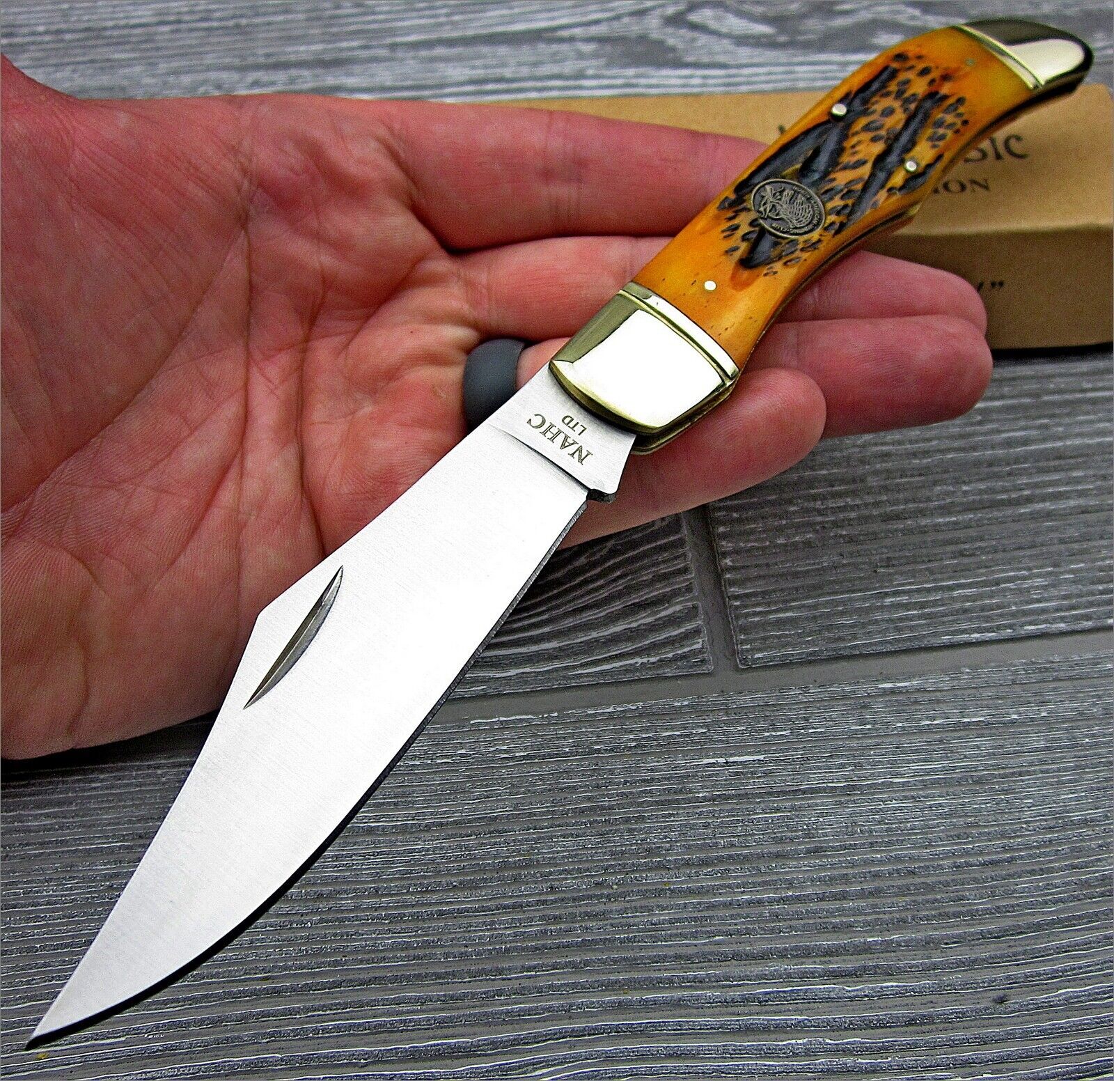 NAHC Geniune Orange Bovine Bone Handle Large Folding Hunter Pocket Hunting Knife