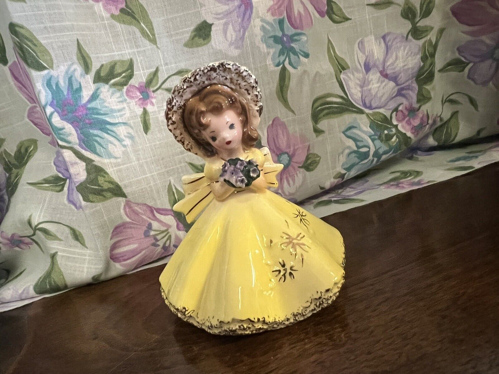Vintage Josef Originals August Figurine Girl Yellow Dress Flowers Bonnet 
