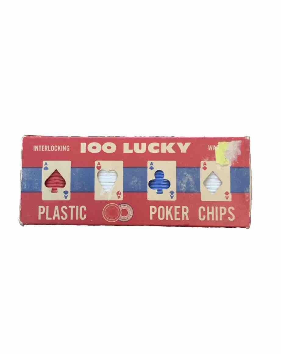 VINTAGE POKER CHIPS Lucky Plastic Stackable 100 Poker With Box Red White Blue
