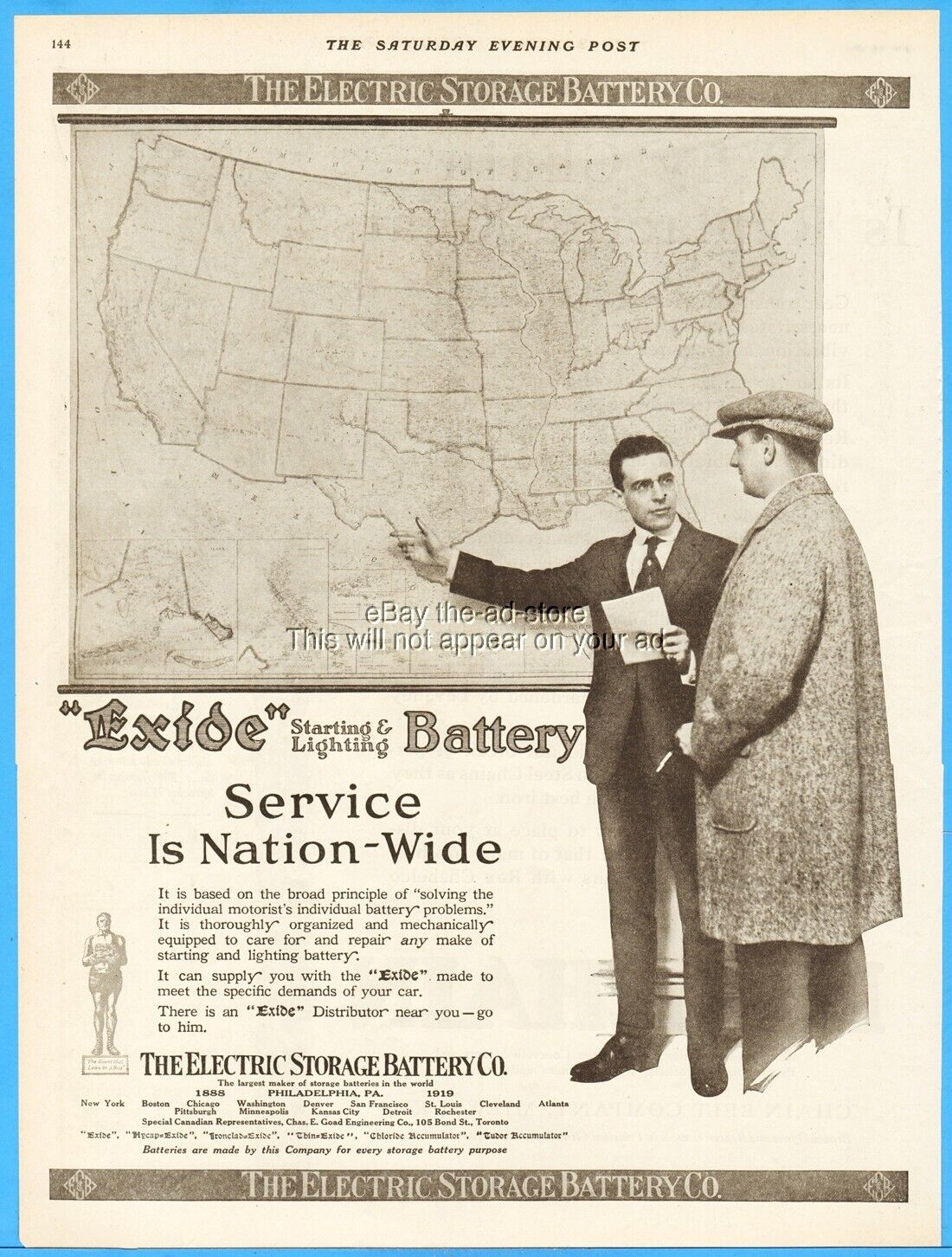 1919 Electric Storage Battery Co Ad Philadelphia PA Exide Service Nationwide Map