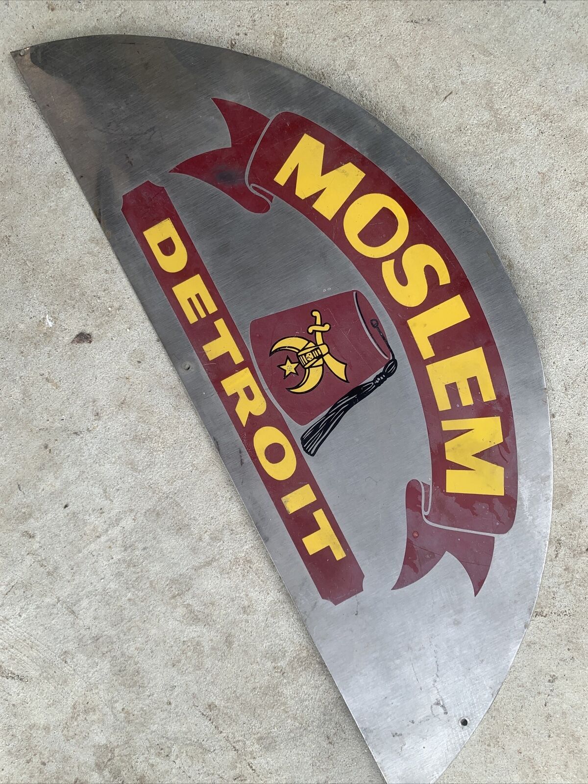 Vintage Detroit Moslem Shriners Metal Sign Display Parade 26” X 10”