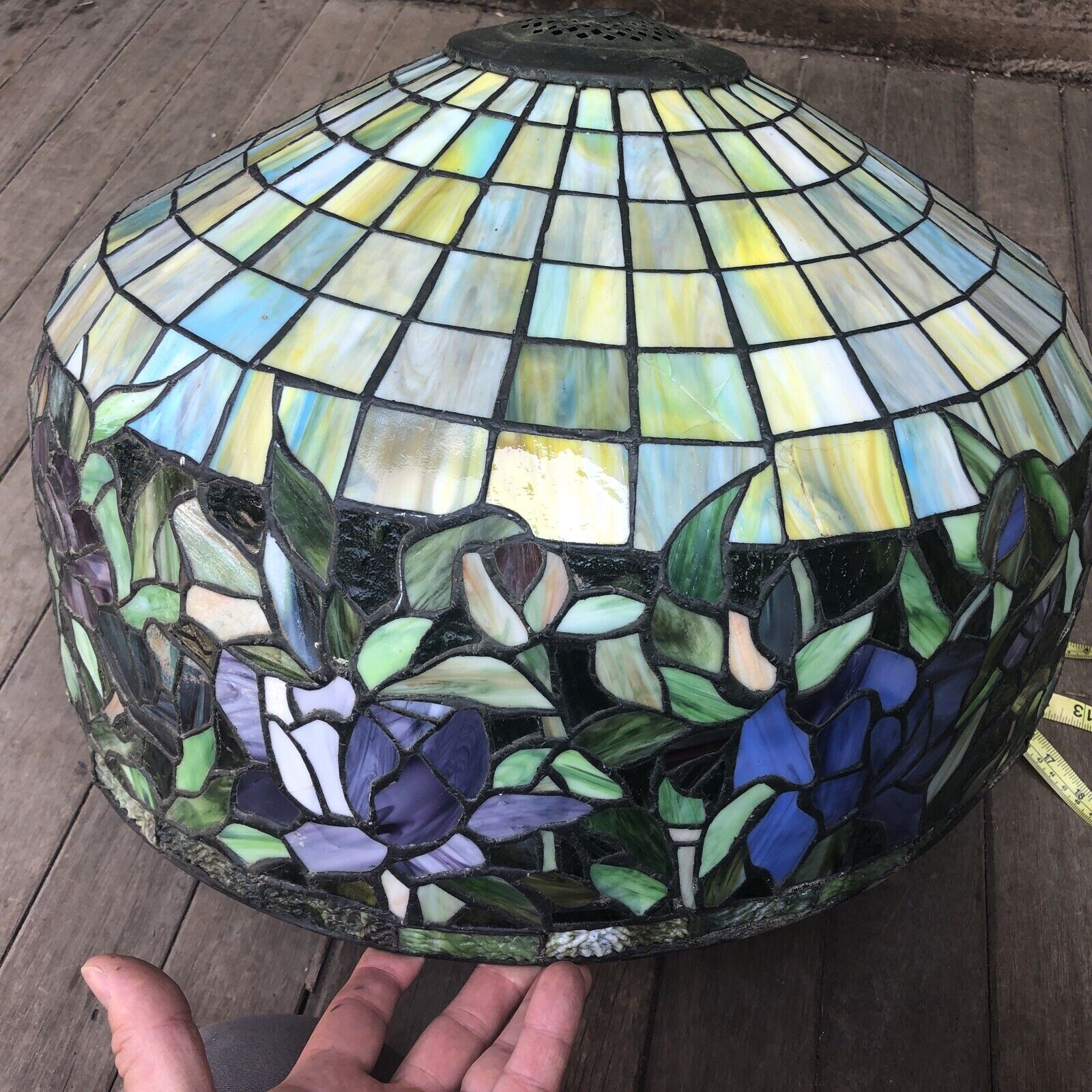 Large Antique Leaded Art Glass Shade Floral Design Unsigned 20” 