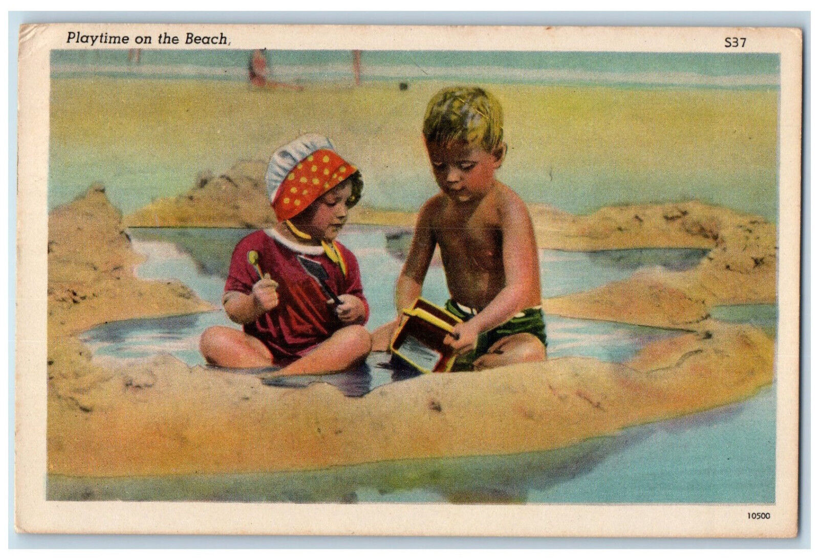 1949 Two Kids Playing Sand, Playtime on the Beach Kennebunk Beach ME Postcard