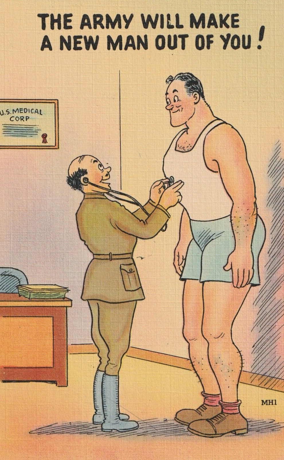 1940s WW2 Tichnor Postcard The Army Will Make A Man Out Of You Comic Art Vintage
