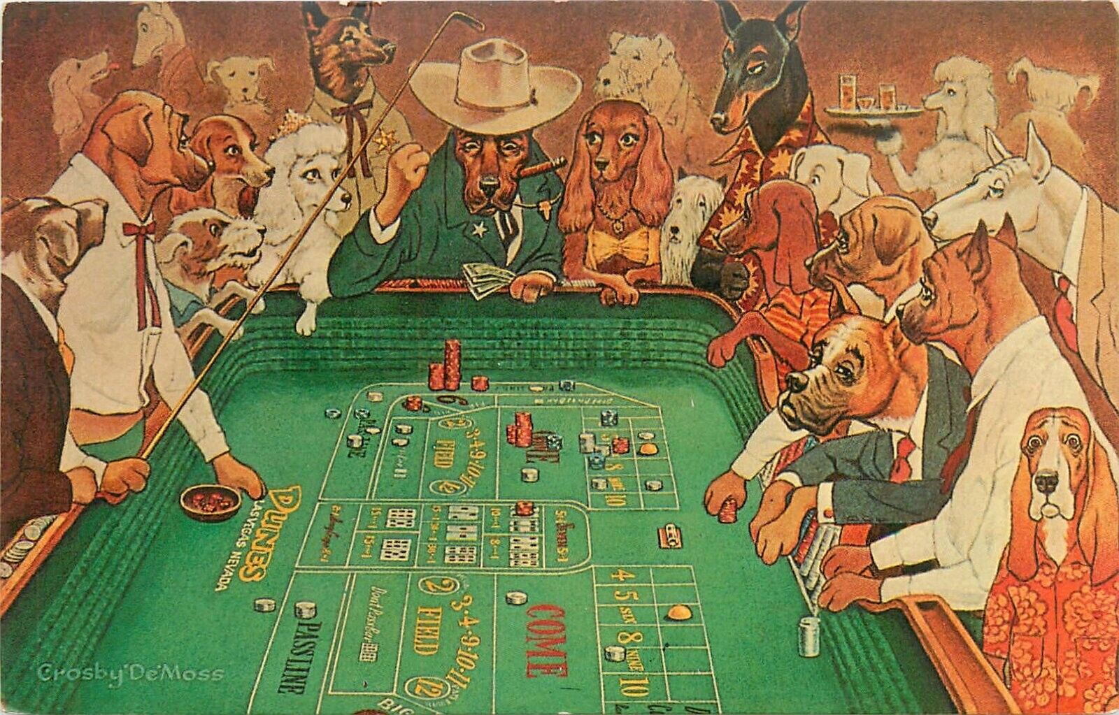 Postcard 1950s Nevada Las Vegas Dressed dogs gambling craps NV24-547
