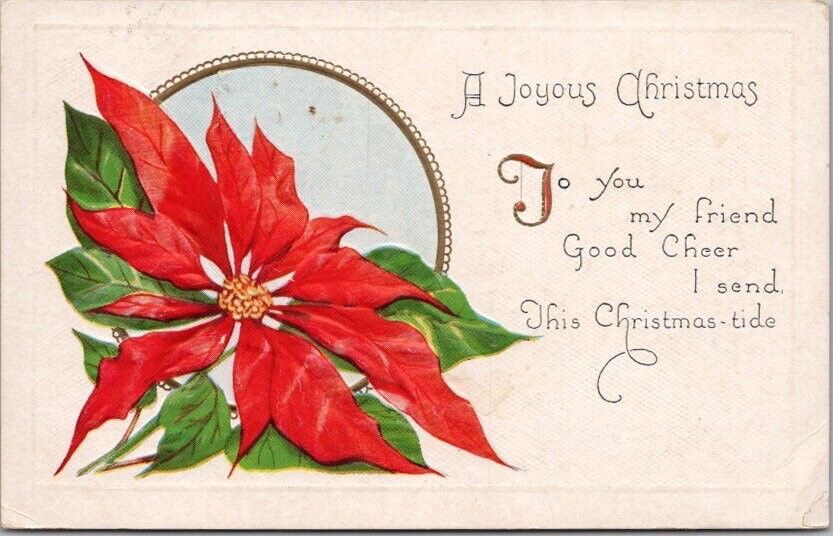 Vintage JOYOUS CHRISTMAS Embossed Greetings Postcard Red Poinsettia Flower /1931