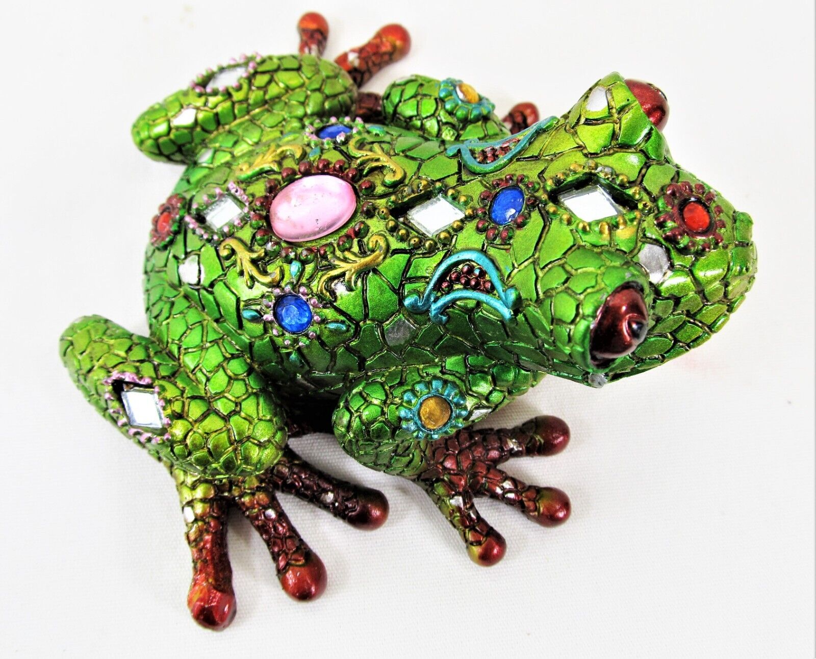 Frog with Jewels and Mirrors resin figurine green