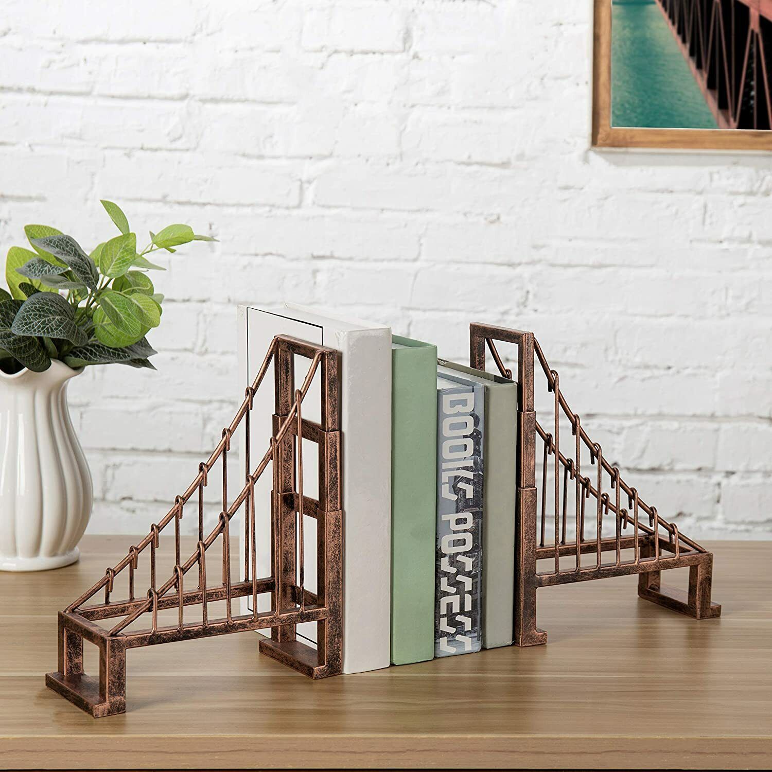 Vintage Bronze Metal Suspension Bridge Design Decorative Bookends, Set of 2