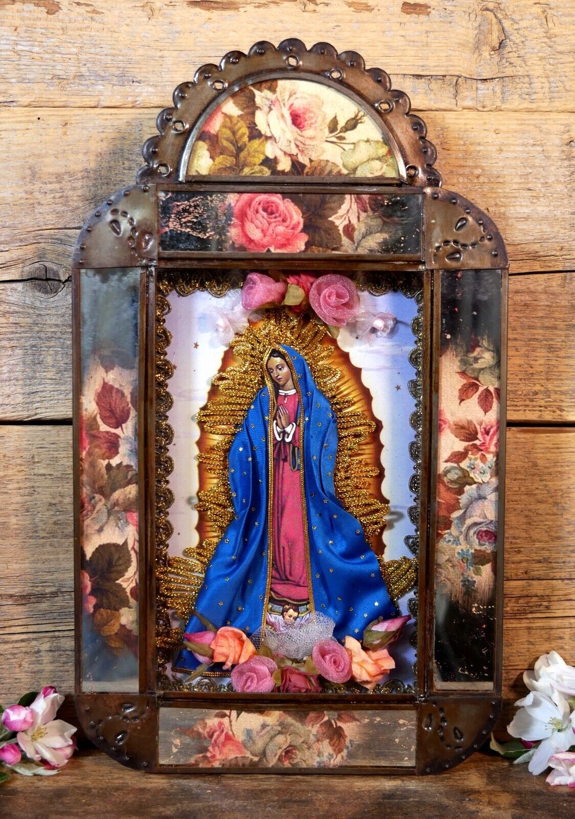 Large Retablo Virgin of Guadalupe Handmade Metal Mirrored Roses Mexican Folk Art