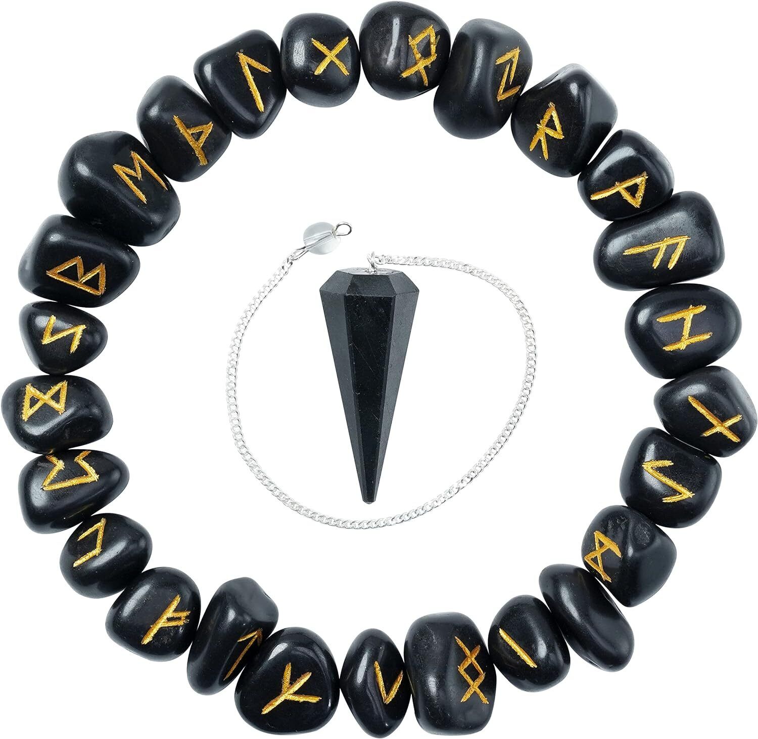 Black Tourmaline Gemstone Engraved Rune Stones Set | Meditation Healing Set