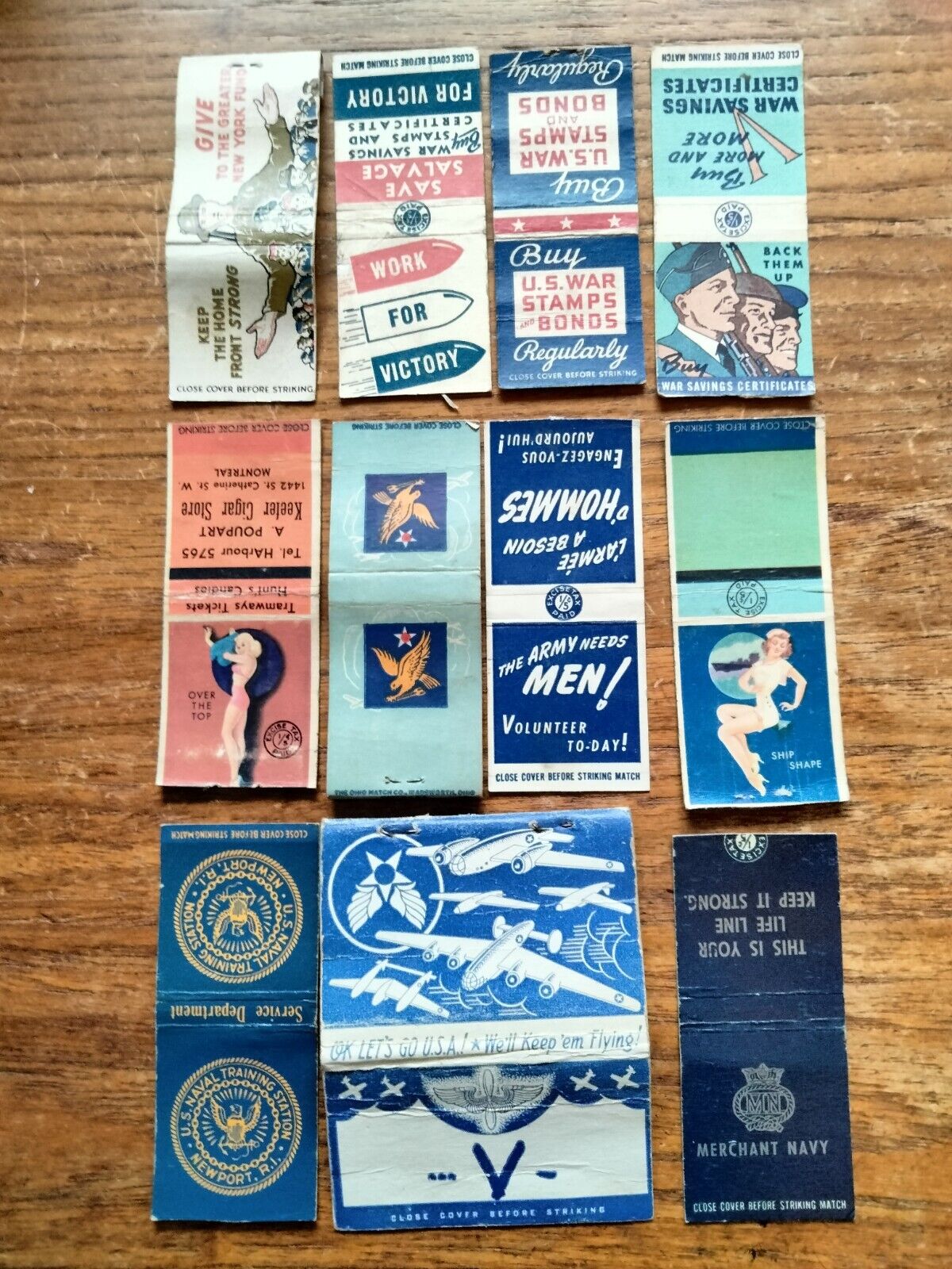 World War II Eleven Empty Vintage Match Covers - No Matches