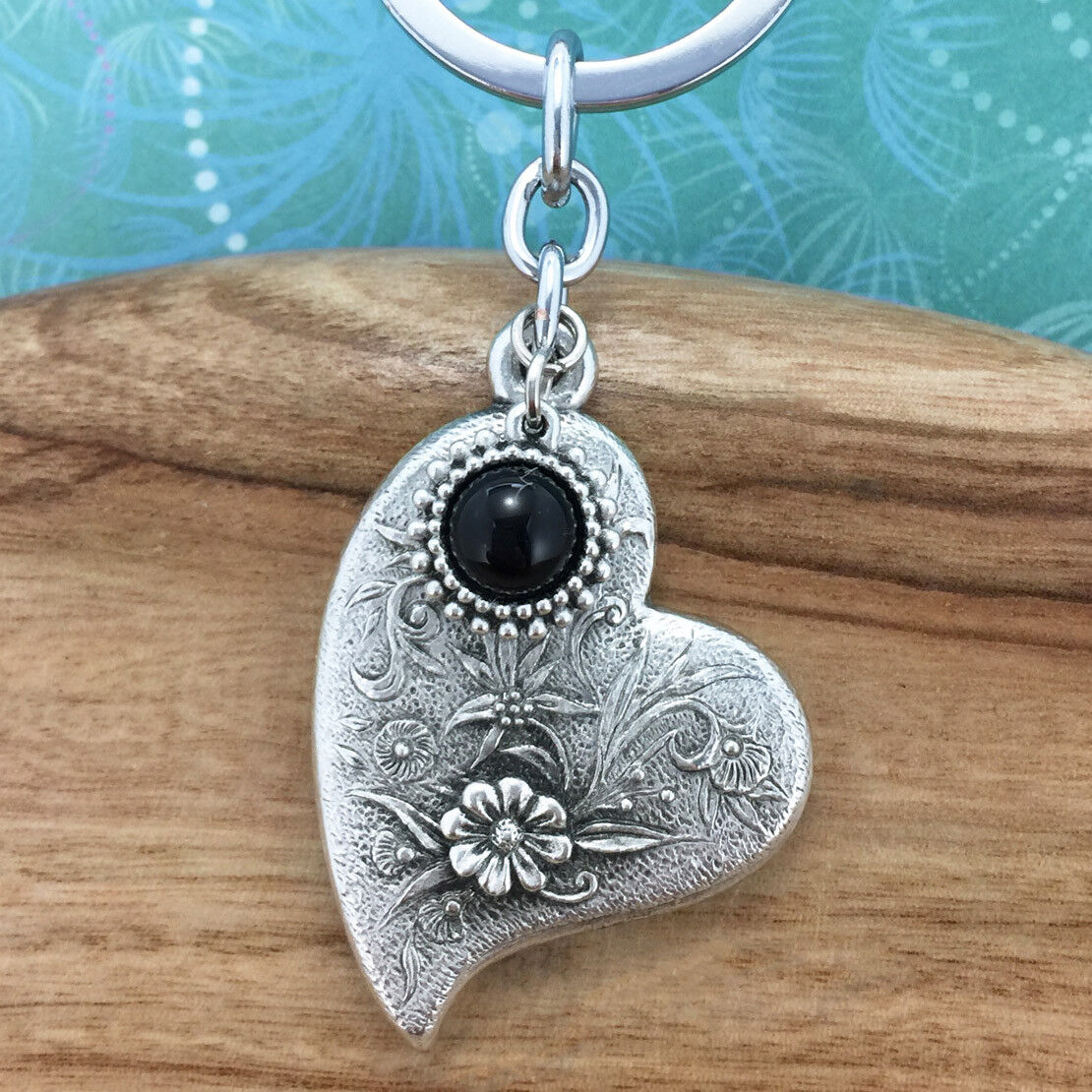 Heart and Flowers Keyring Keychain with Black Onyx Charm