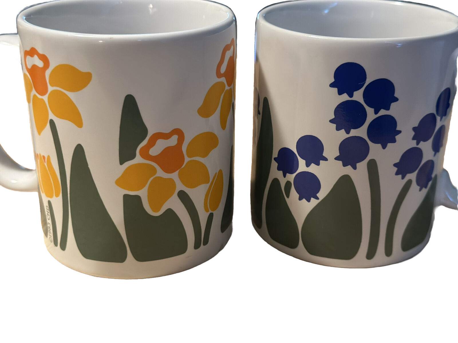 2 Vintage Nina Blue Bell and Daffodils 1983 Coffee Mugs Anchor Hocking Japan