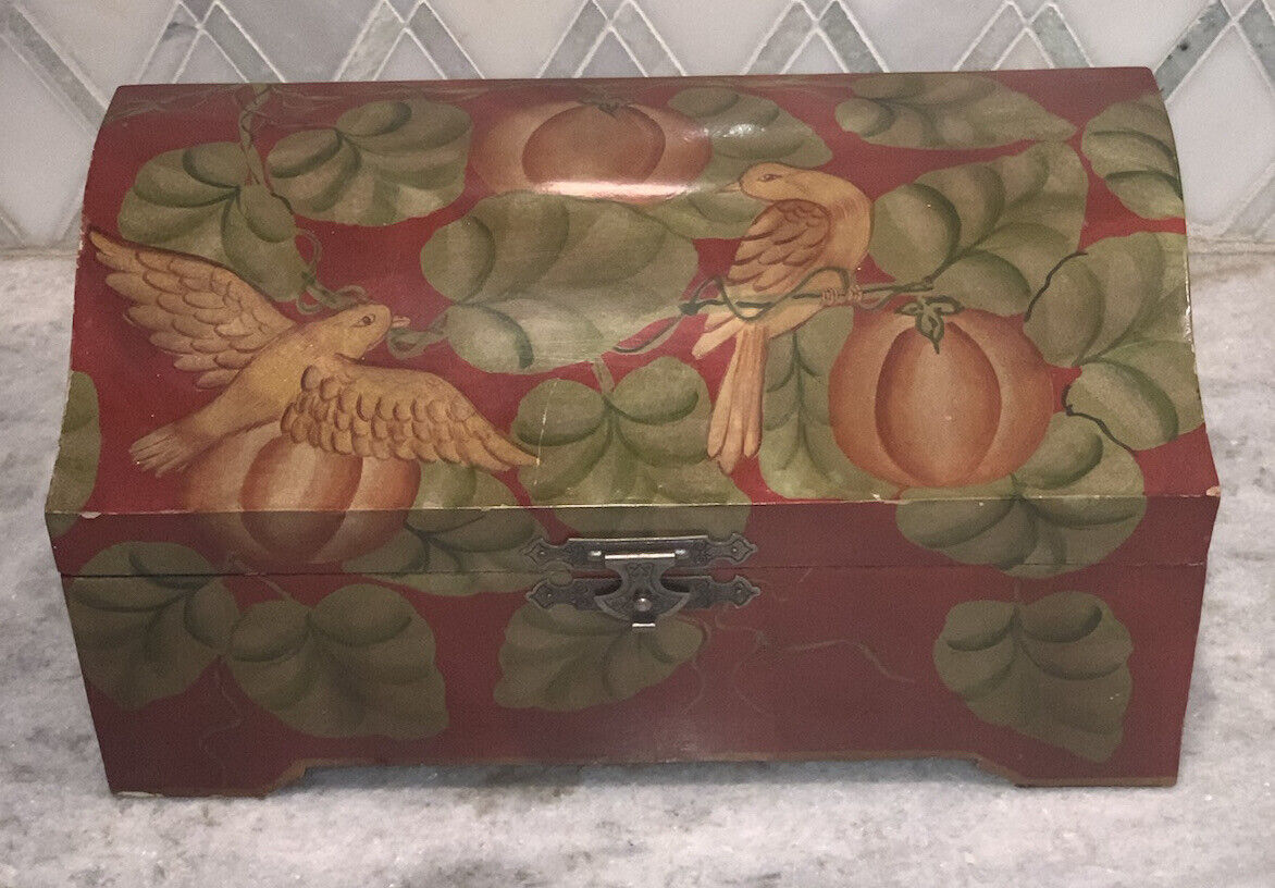 Vintage Red Lacquer Bird Flower Pumpkin Hinged Dome Box 6.25”D 12”W 6”H