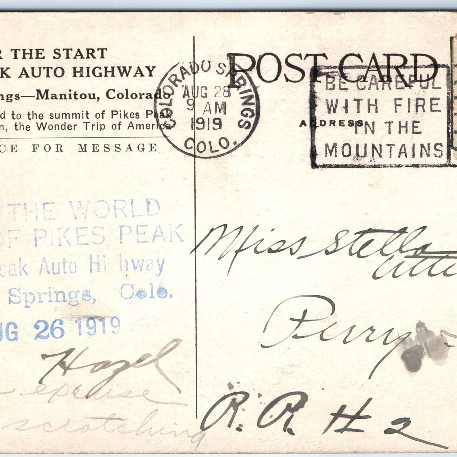 1919 Colorado Springs Manitou Pikes Peak Summit Careful Fire Mountain Cancel A63